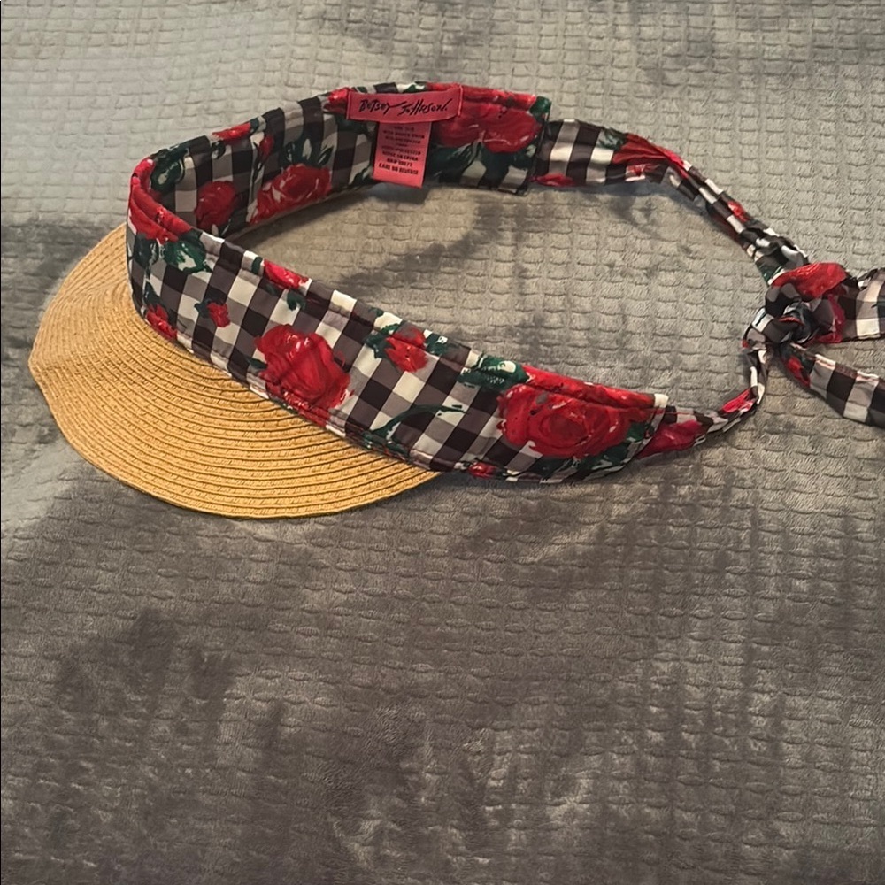 Betsey Johnson Floral Checkered Visor Hat Roses Red  Tan One Size
